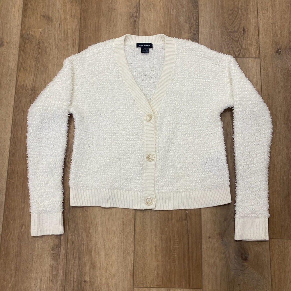 🌟CLUB MONACO🌟 RIBBON YARN V NECK CARDIGAN WHITE SZ M - Picture 2 of 6